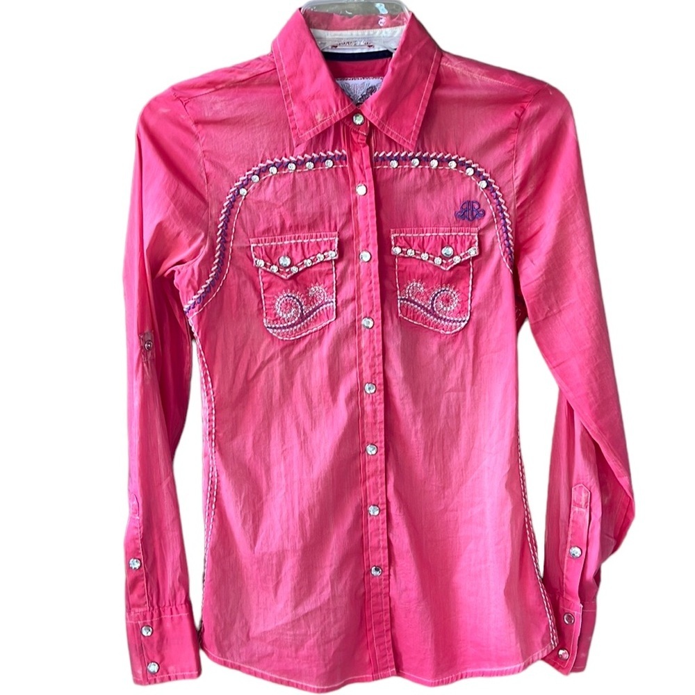 Roar Embelished Pink Western Pearl Snap Button Down Shirt XS